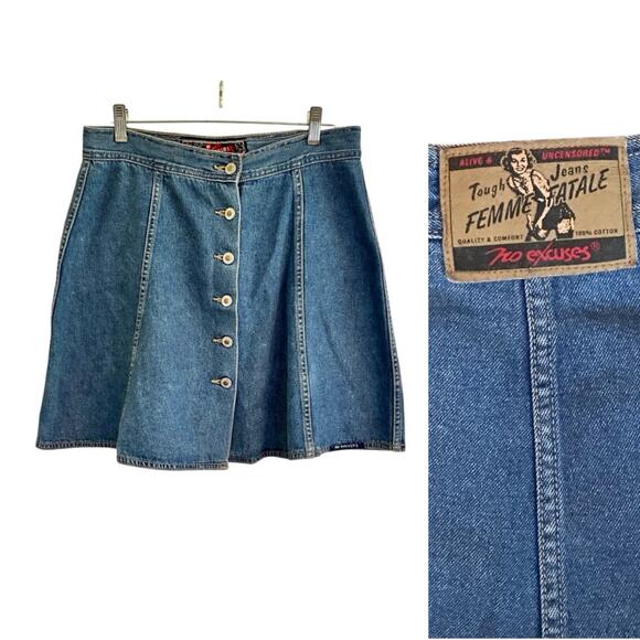 Vtg No Excuses Denim Button Front Skirt Sz 13/14 30” Waist Femme Fatale Patch - Picture 1 of 7